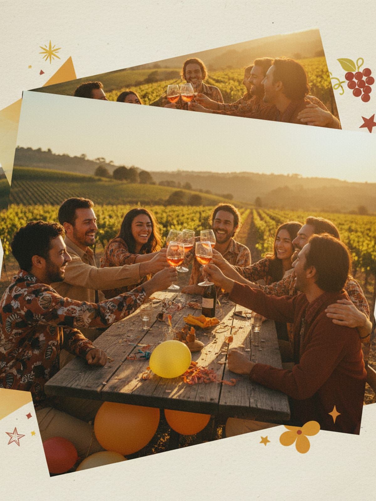 Birthday group toasting with wine glasses at vineyard