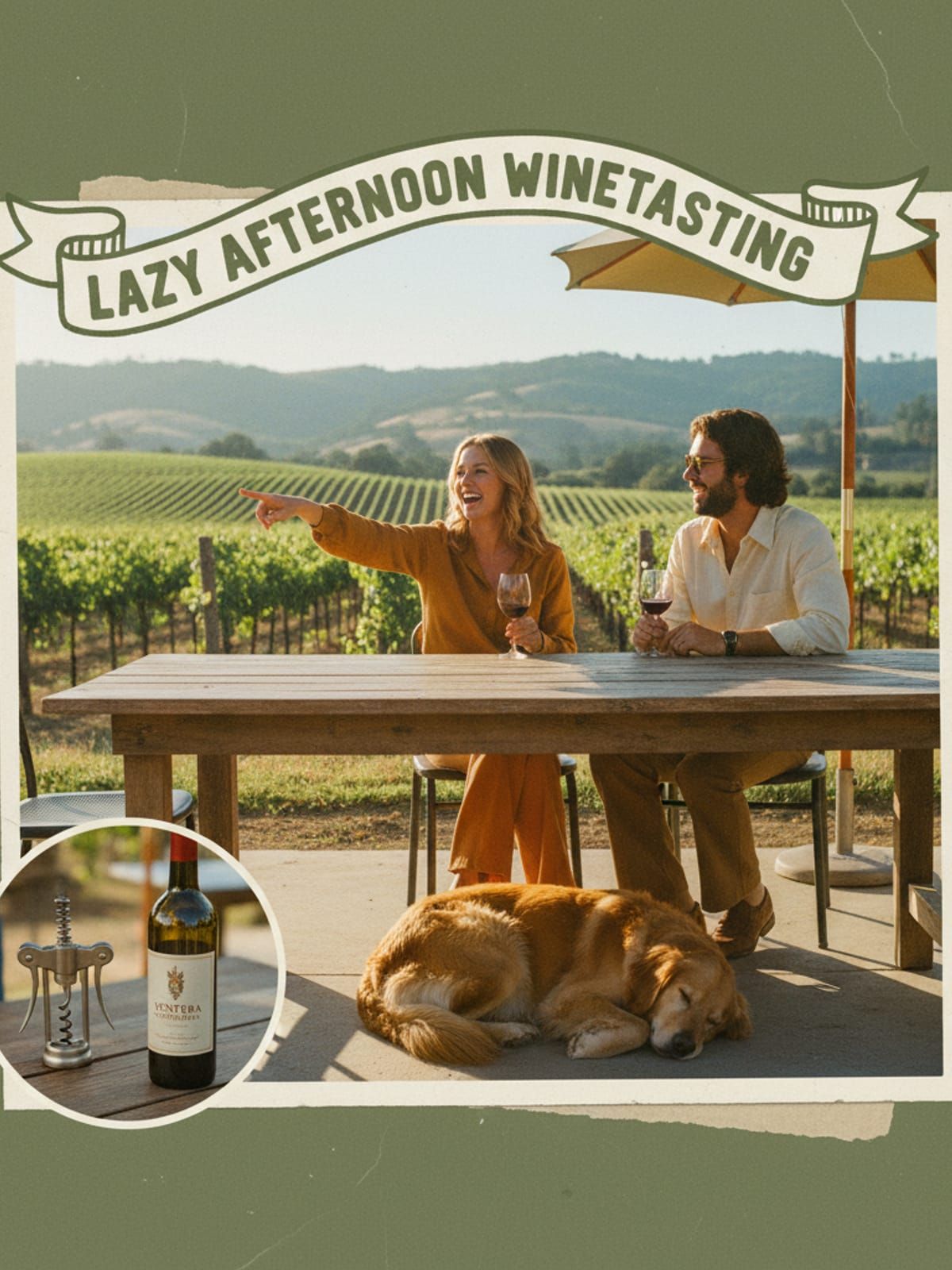 Dog relaxing on winery patio while owners enjoy wine tasting