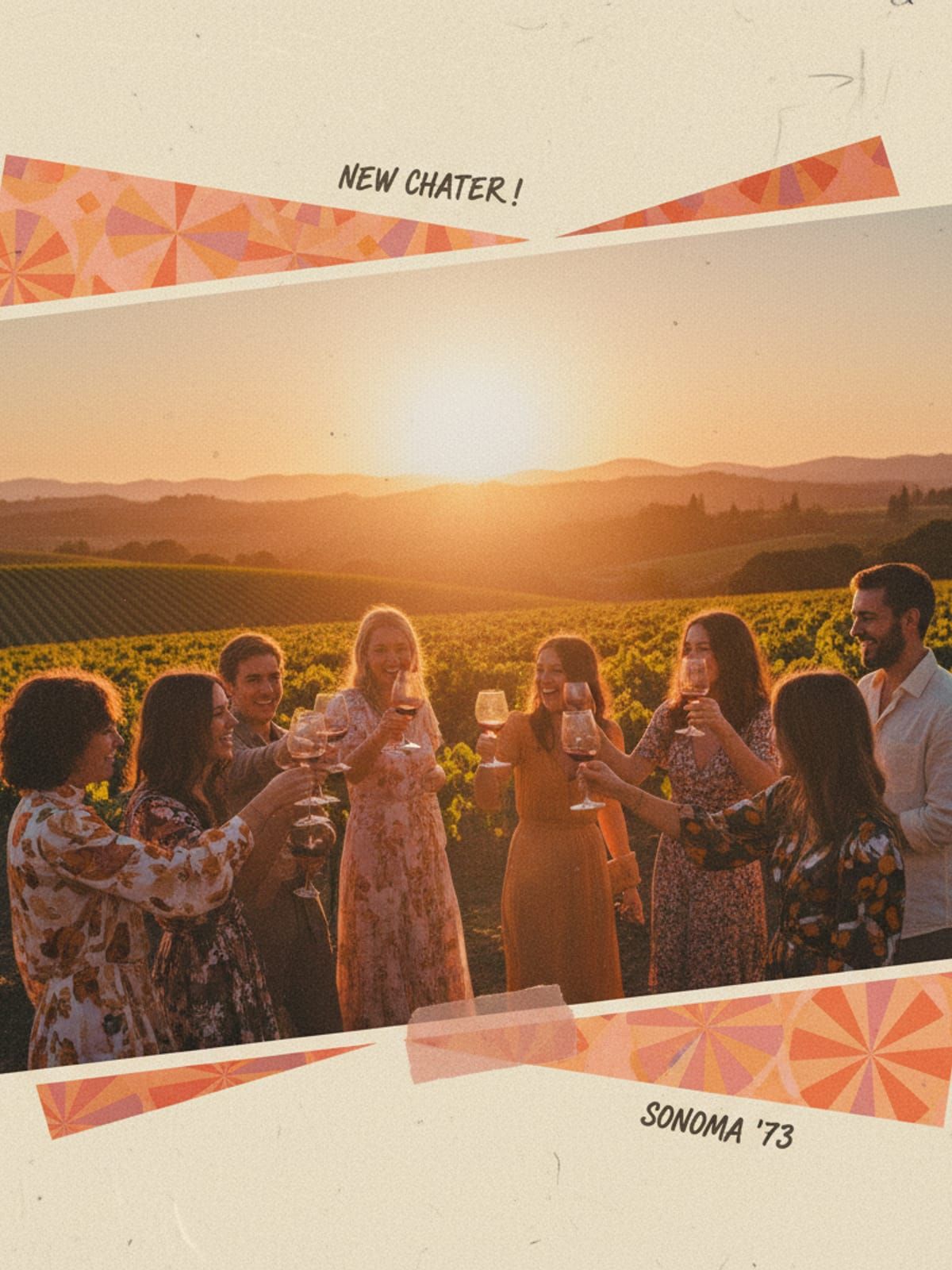 Group of graduates toasting in Sonoma vineyard at sunset