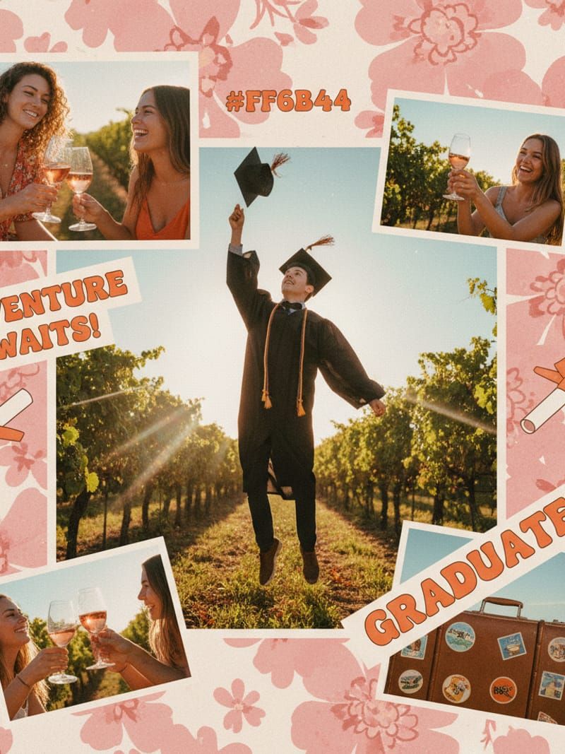 Graduate tossing cap in vineyard celebrating with wine