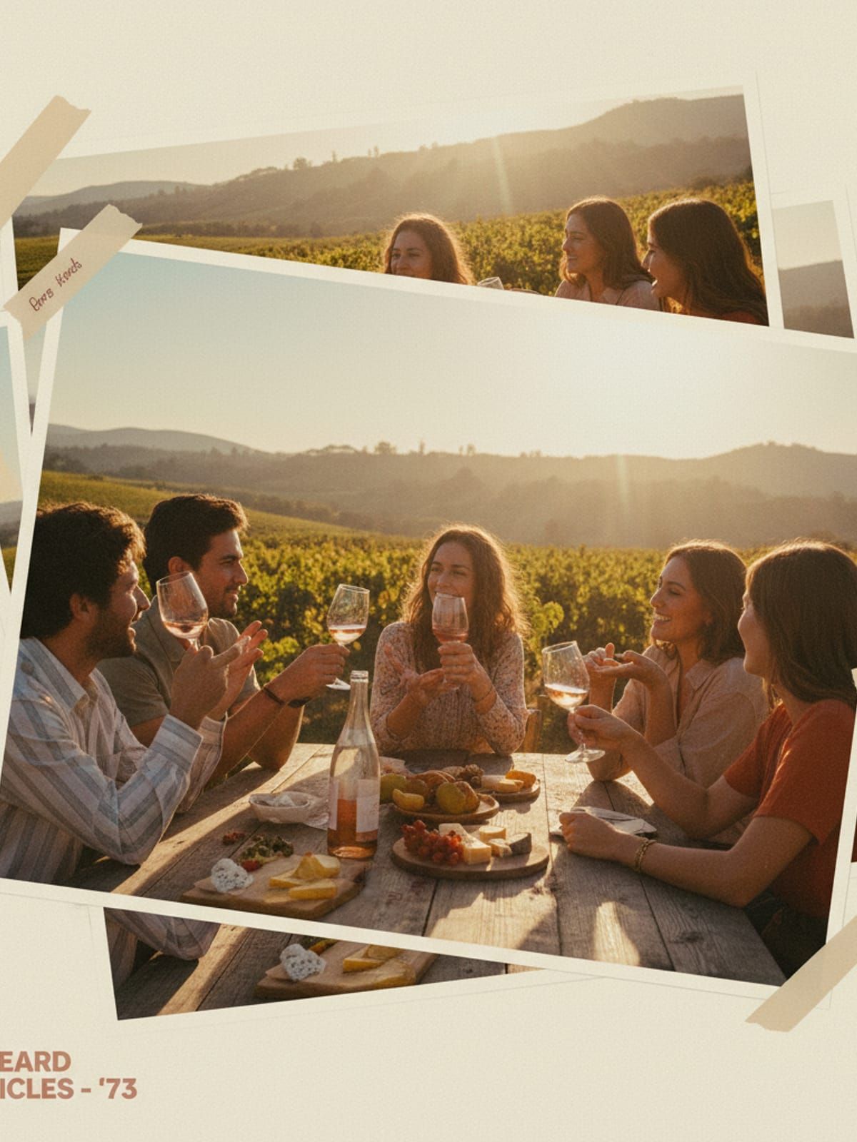 Friends catching up over wine at vineyard table